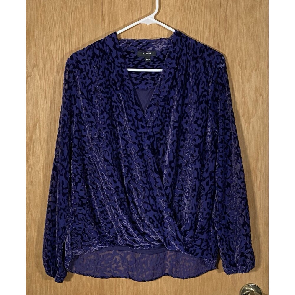 Alfani Women's Sz M Velvet Burnout Top Purple Black Animal Print WhimsiGoth